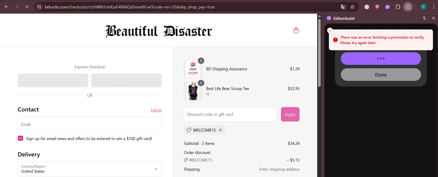 Beautiful Disaster Clothing promo code screenshot showing code WELCOME15 applied at Beautiful Disaster Clothing checkout page. Uploaded by SimplyCodes community member Negritoo on Aug 2, 2025
