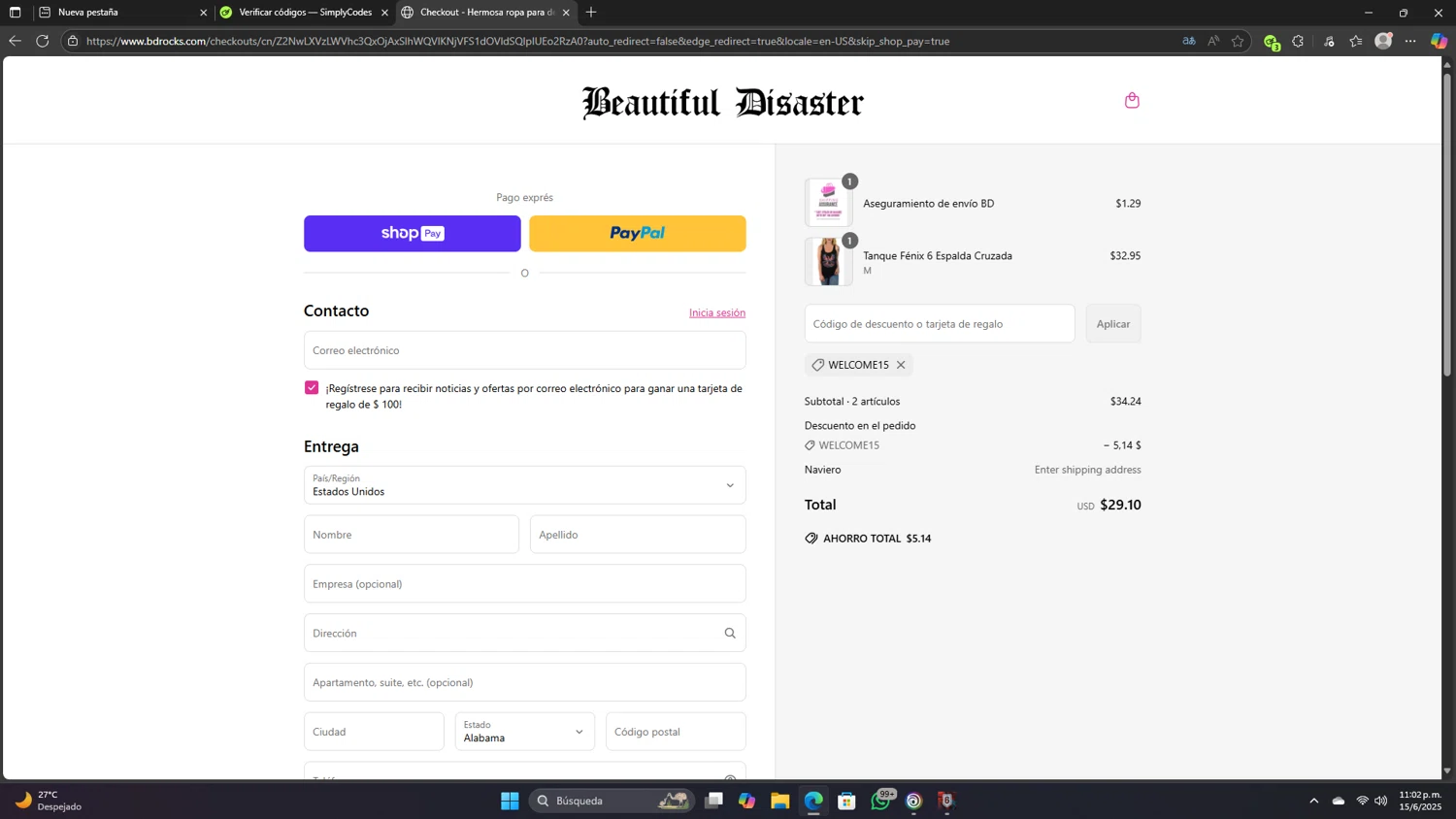Beautiful Disaster Clothing promo code screenshot showing code WELCOME15 applied at Beautiful Disaster Clothing checkout page. Uploaded by SimplyCodes community member mathiasmadonadogoiti on Jun 16, 2025