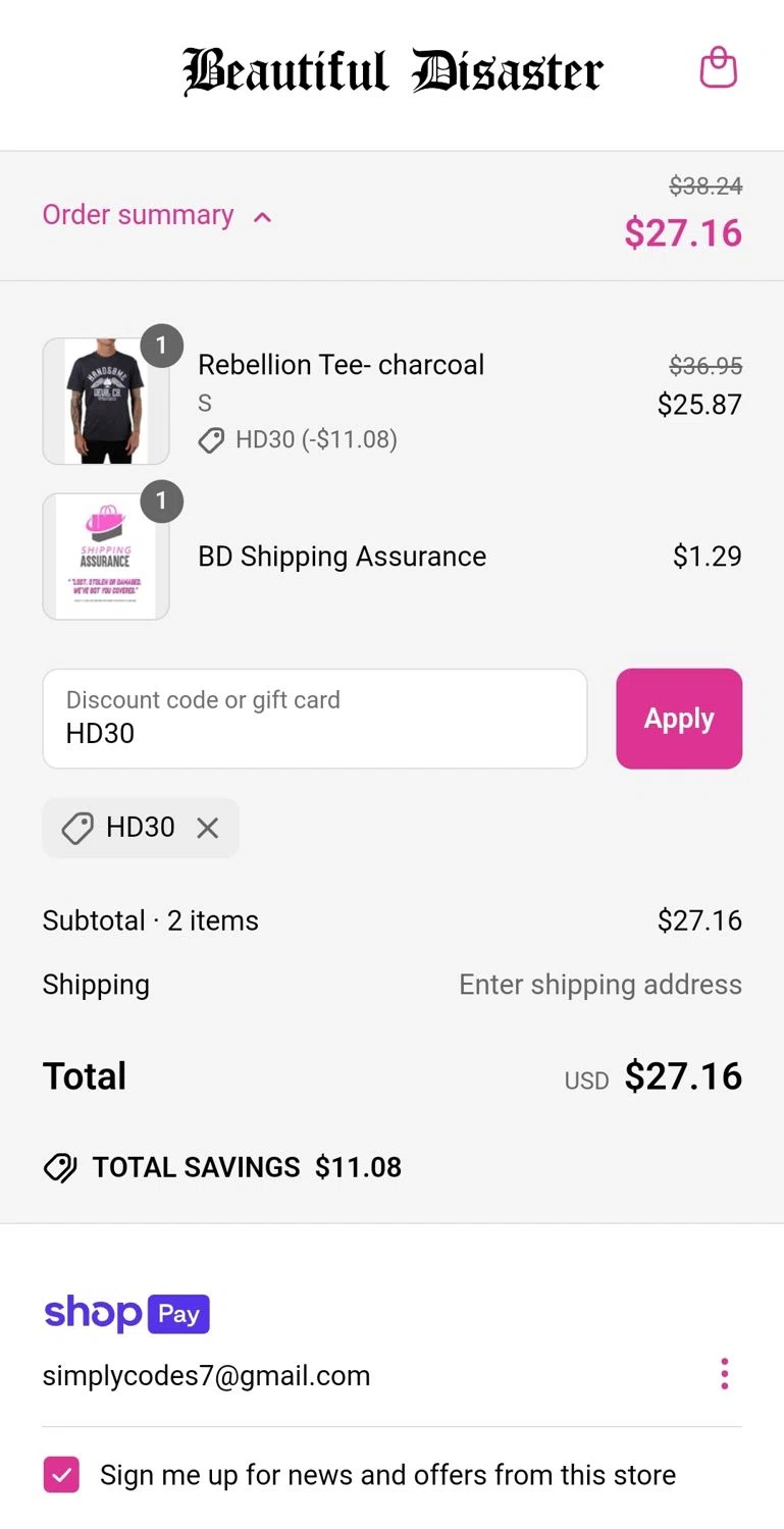 Beautiful Disaster Clothing promo code screenshot showing code HD30 applied at Beautiful Disaster Clothing checkout page. Uploaded by SimplyCodes community member JuanMonge on Mar 30, 2025