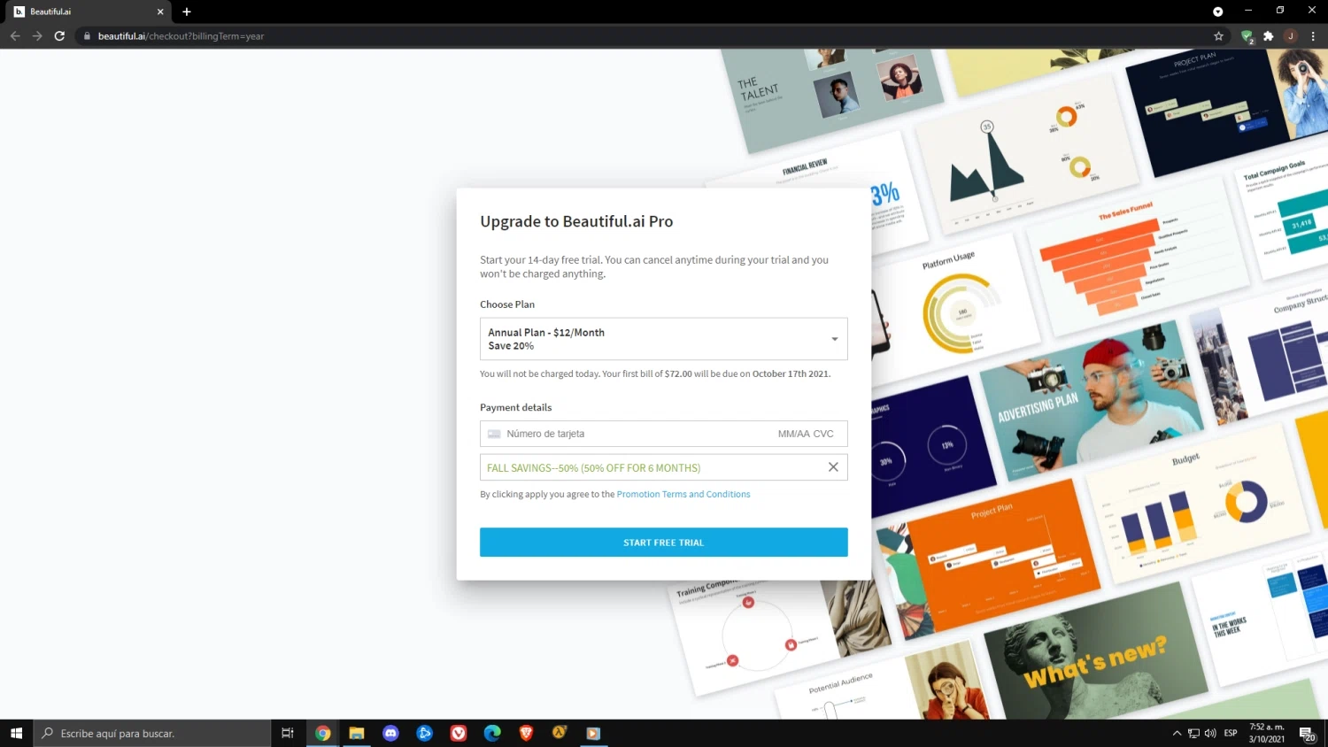 Beautiful.ai checkout page showing Beautiful.ai promo code box | Screenshot taken by SimplyCodes community member on Oct 3, 2021