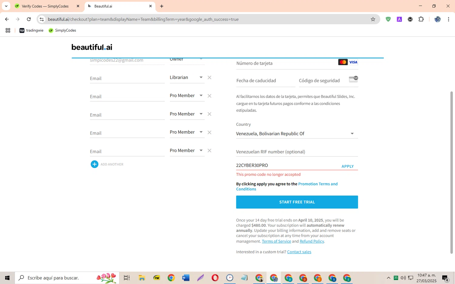 Beautiful.ai promo code screenshot showing code 22CYBER30PRO applied at Beautiful.ai checkout page. Uploaded by SimplyCodes community member JoseH45 on Mar 27, 2025