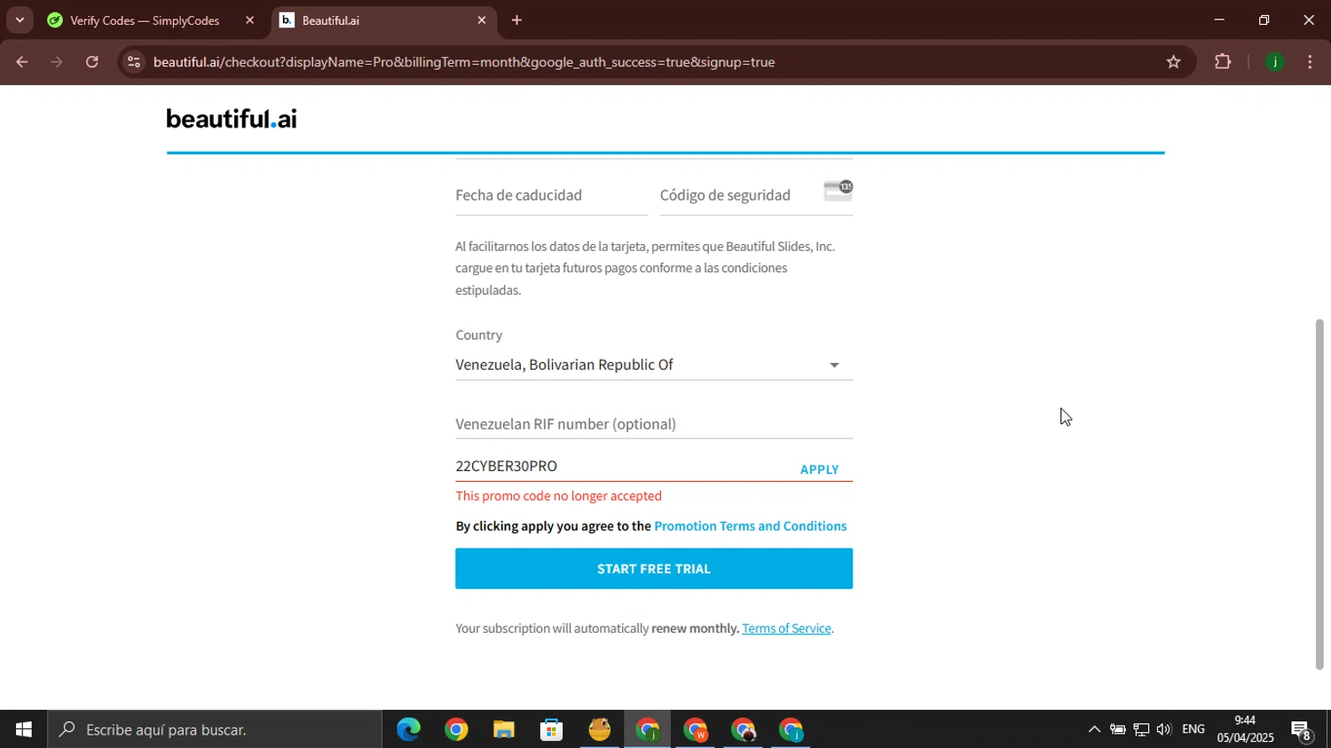 Beautiful.ai promo code screenshot showing code 22CYBER30PRO applied at Beautiful.ai checkout page. Uploaded by SimplyCodes community member jorgeroz on Apr 5, 2025