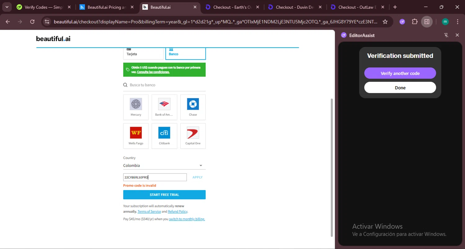 Beautiful.ai promo code screenshot showing code 22CYBERL50PRO applied at Beautiful.ai checkout page. Uploaded by SimplyCodes community member CrownSpotter4262 on Aug 23, 2025