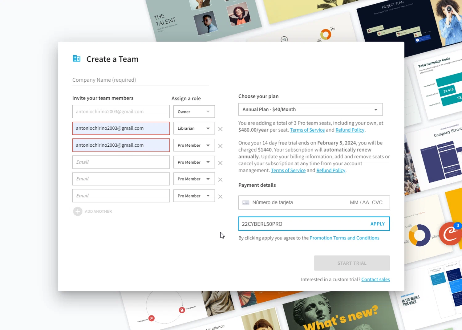 Beautiful.ai checkout page showing Beautiful.ai promo code box | Screenshot taken by SimplyCodes community member on Jan 23, 2024