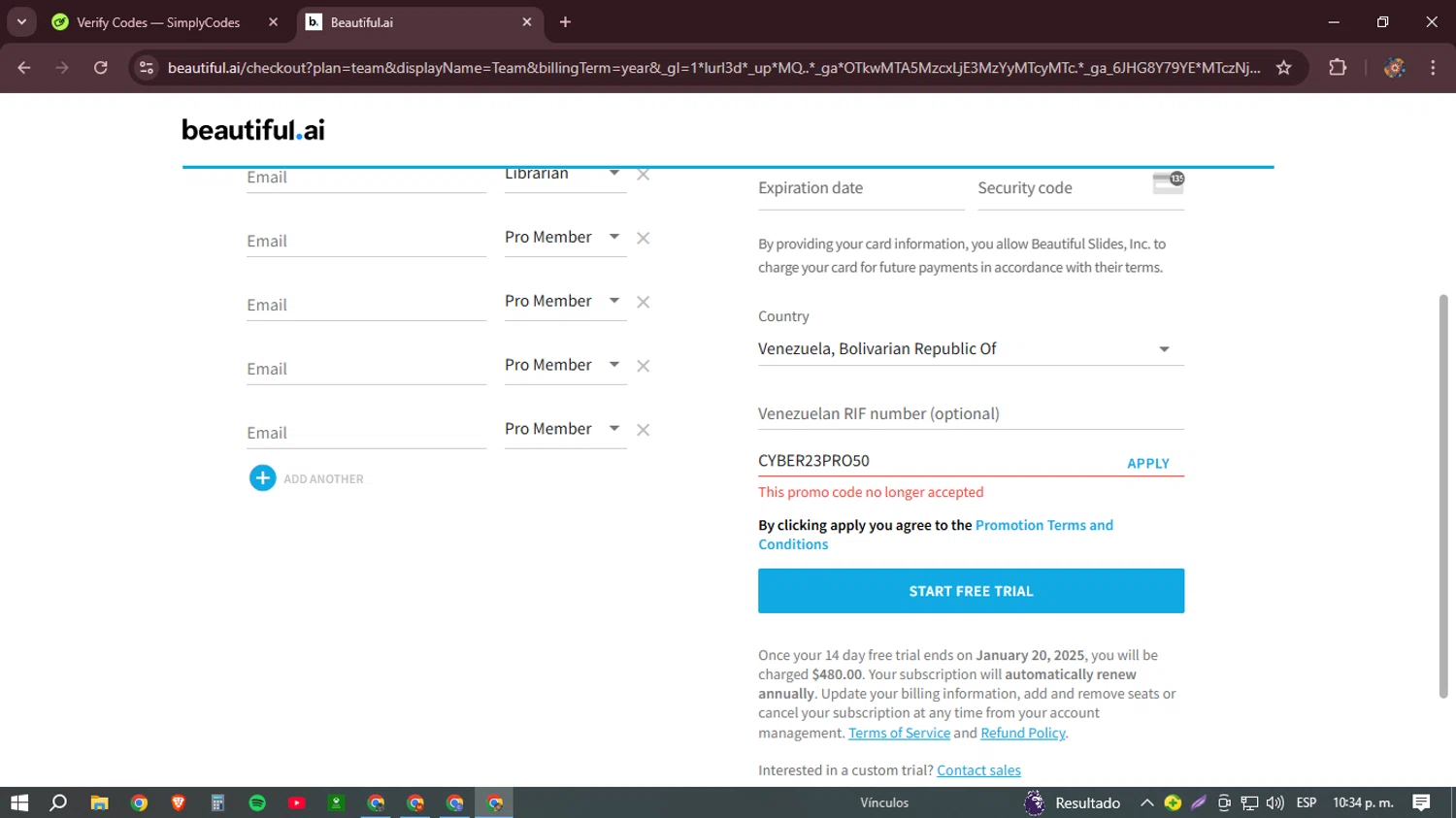 Beautiful.ai promo code screenshot showing code CYBER23PRO50 applied at Beautiful.ai checkout page. Uploaded by SimplyCodes community member BudgetHunter9184 on Jan 7, 2025