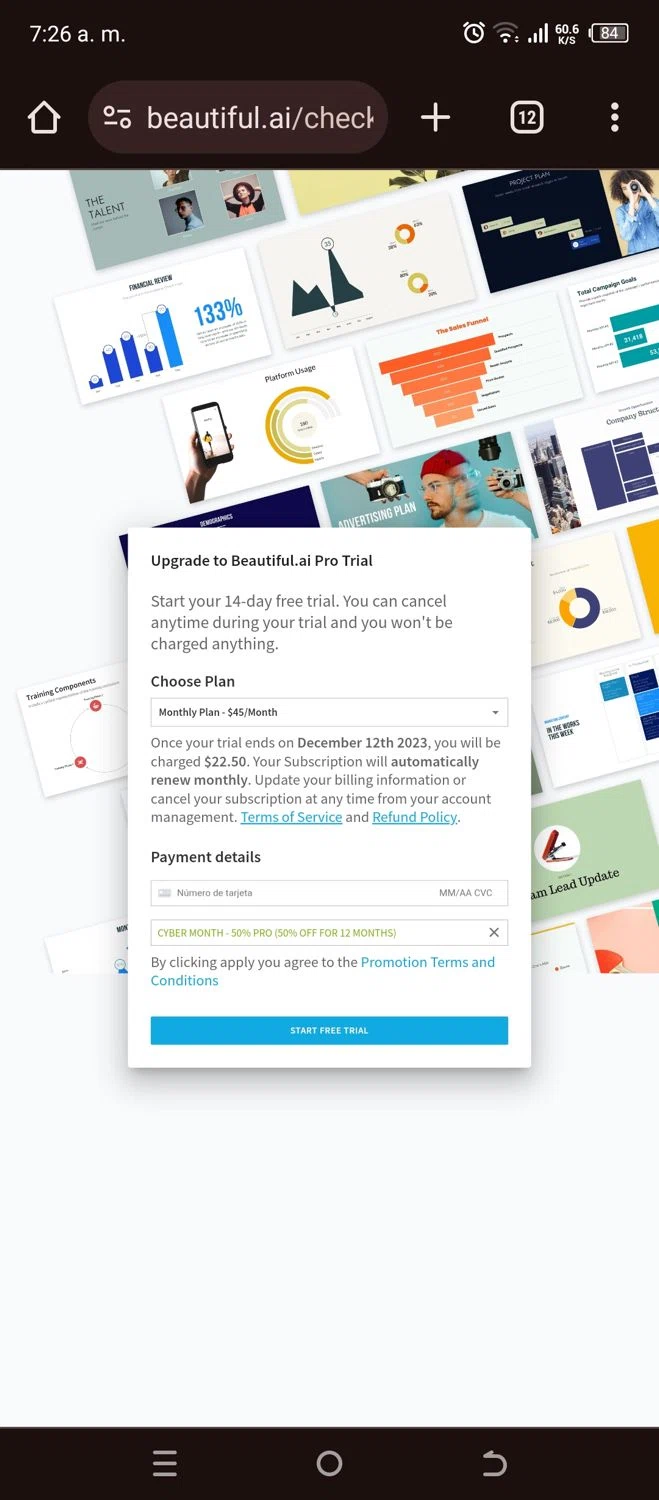 Beautiful.ai checkout page showing Beautiful.ai promo code box | Screenshot taken by SimplyCodes community member on Nov 28, 2023