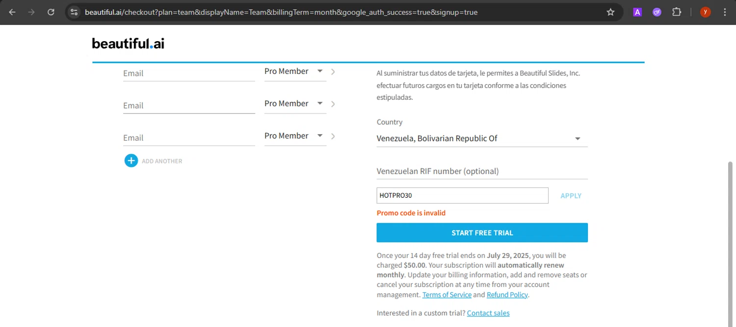 Beautiful.ai promo code screenshot showing code HOTPRO30 applied at Beautiful.ai checkout page. Uploaded by SimplyCodes community member CrownTiger7501 on Jul 15, 2025