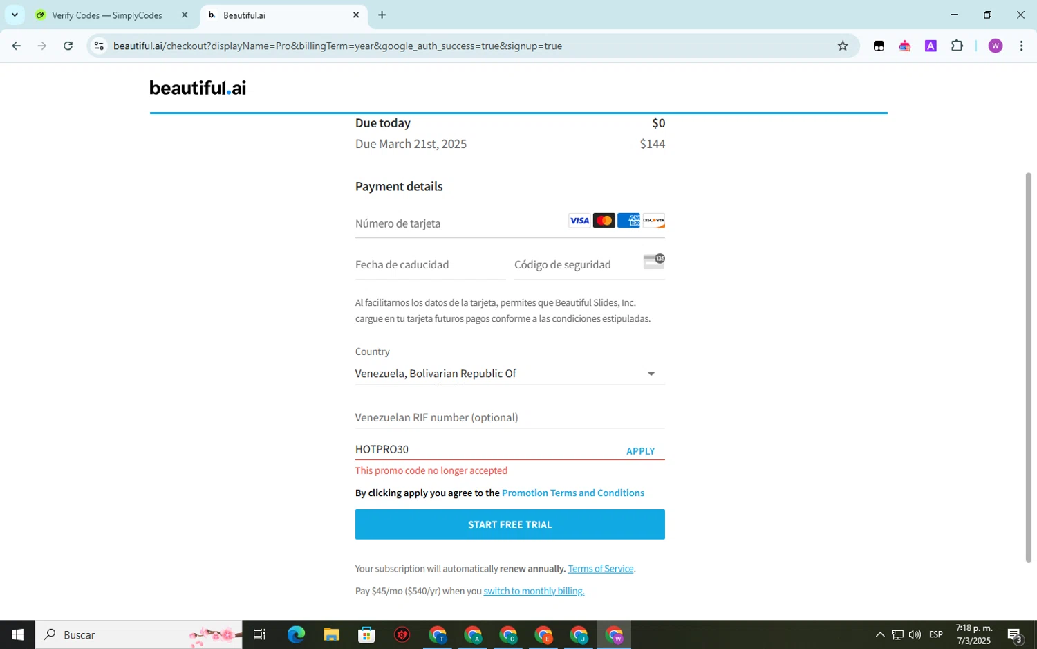 Beautiful.ai checkout page showing Beautiful.ai promo code box | Screenshot taken by SimplyCodes community member on Mar 7, 2025