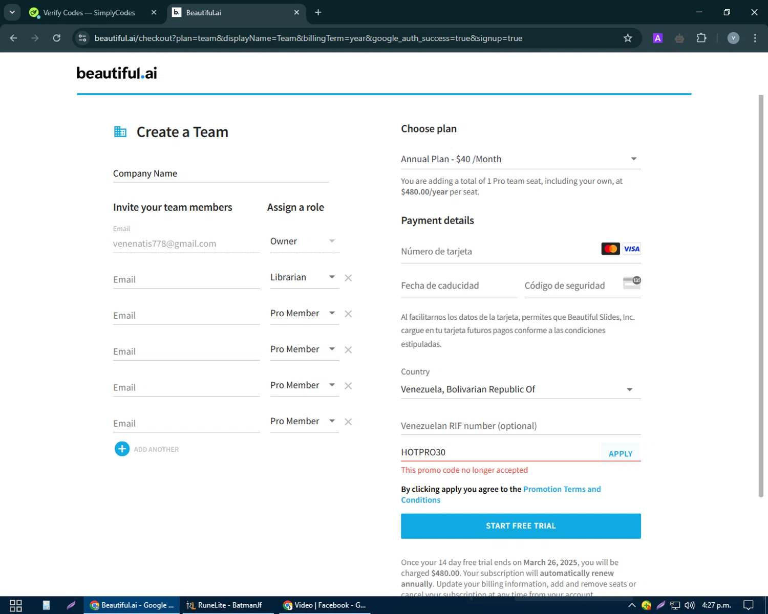 Beautiful.ai promo code screenshot showing code HOTPRO30 applied at Beautiful.ai checkout page. Uploaded by SimplyCodes community member charmander589 on Mar 12, 2025