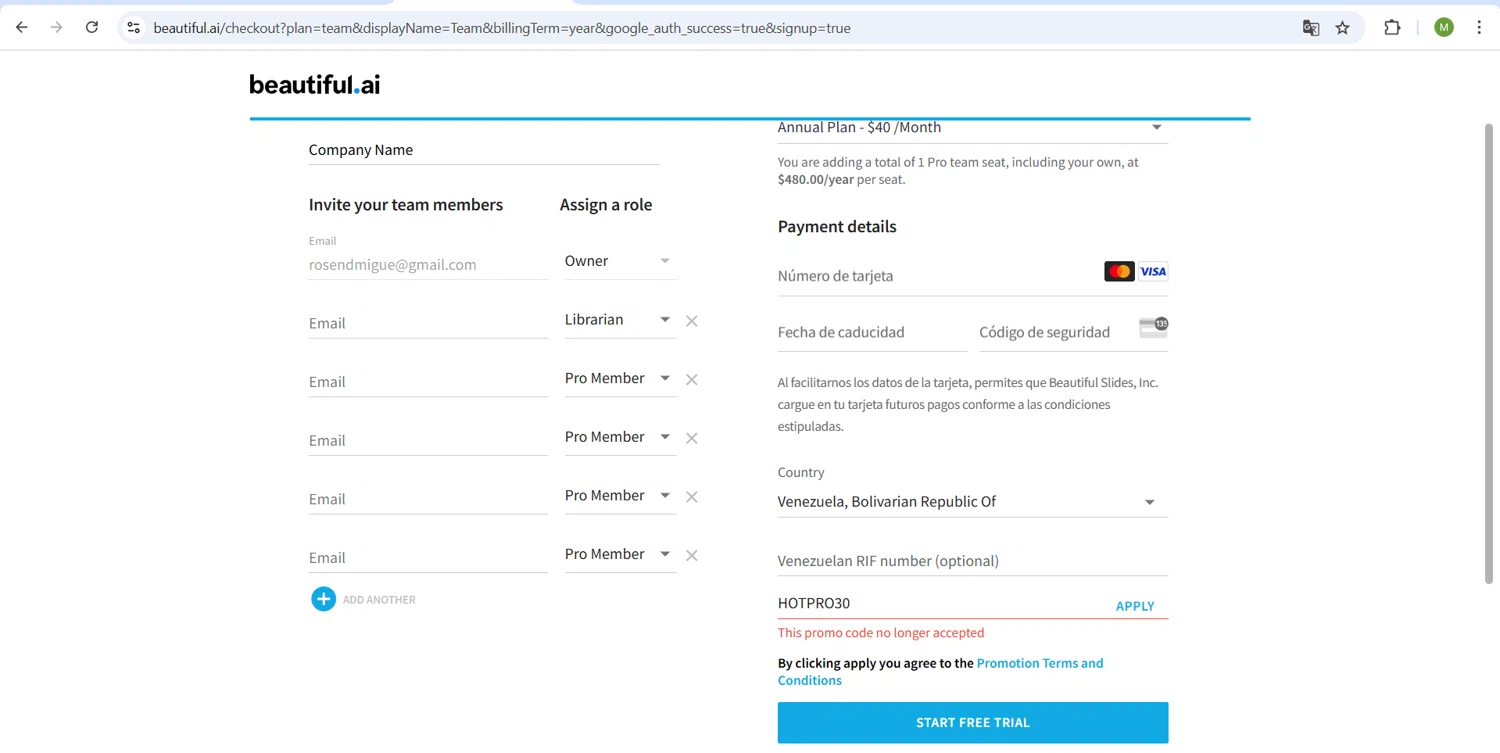 Beautiful.ai promo code screenshot showing code HOTPRO30 applied at Beautiful.ai checkout page. Uploaded by SimplyCodes community member ScanHunter7116 on Apr 5, 2025