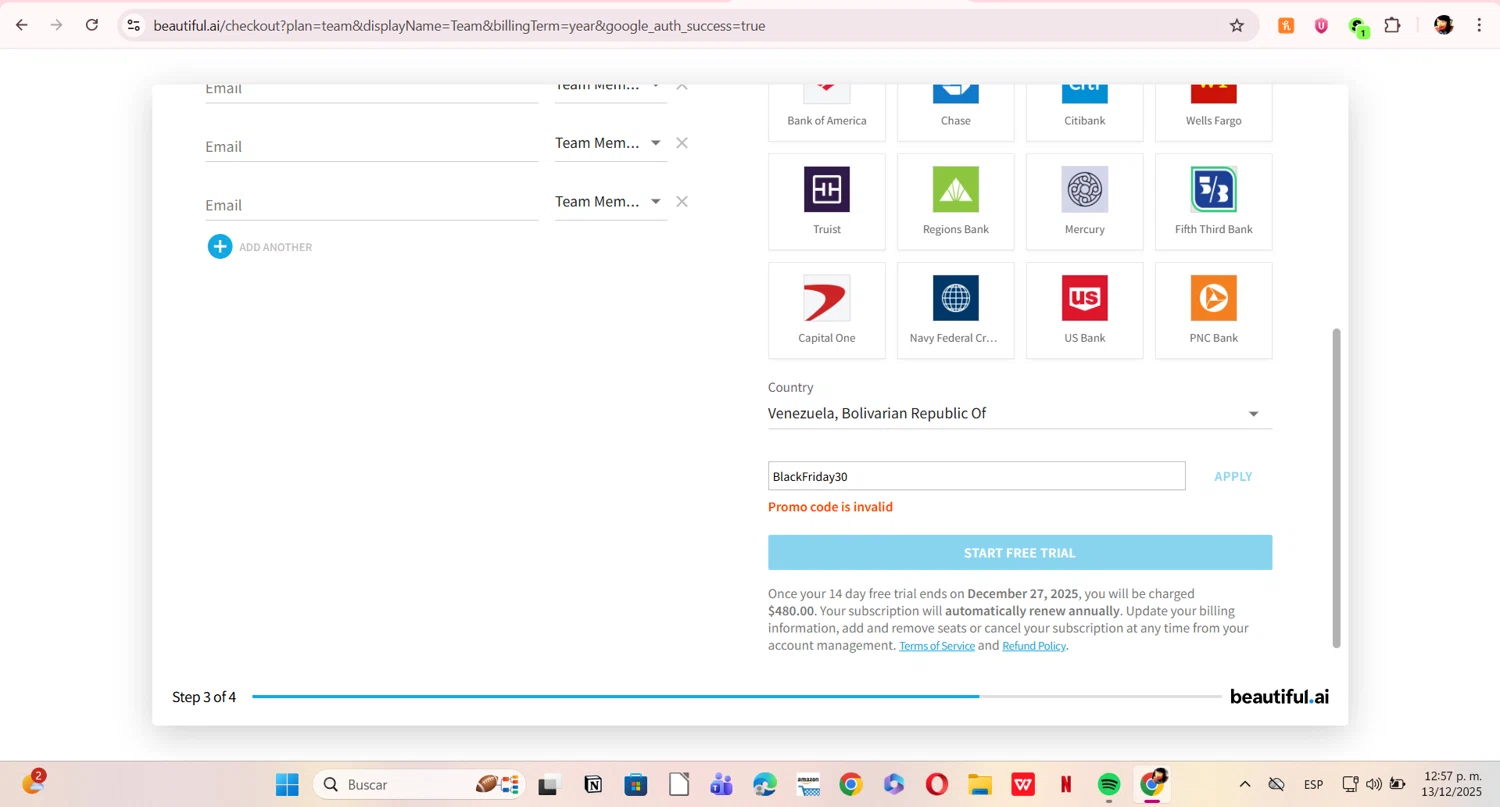 Beautiful.ai promo code screenshot showing code BlackFriday30 applied at Beautiful.ai checkout page. Uploaded by SimplyCodes community member ERI0810 on Dec 13, 2025