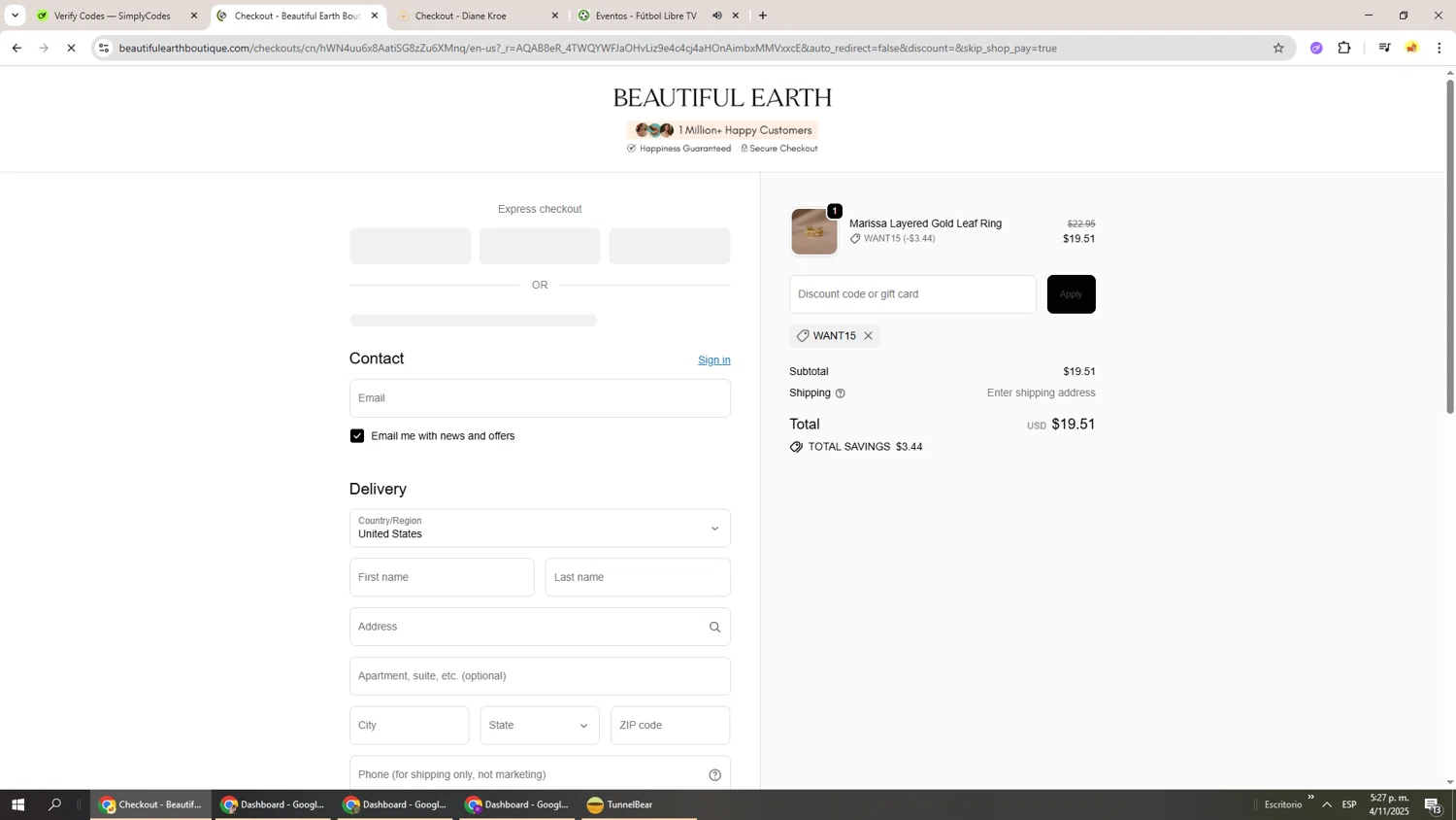 Beautiful Earth Boutique discount code screenshot showing code WANT15 applied at Beautiful Earth Boutique checkout page. Uploaded by SimplyCodes community member Richard251 on Nov 4, 2025