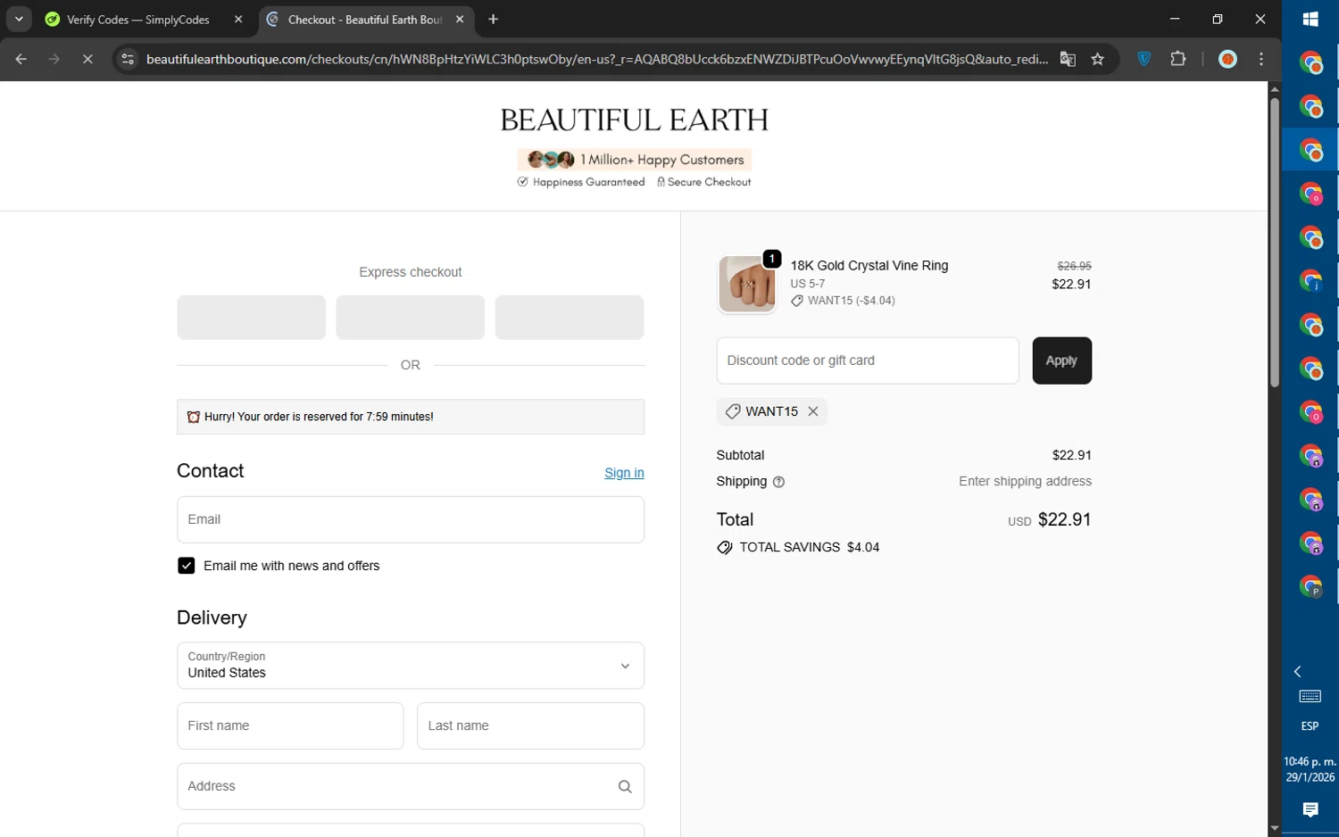 Beautiful Earth Boutique discount code screenshot showing code WANT15 applied at Beautiful Earth Boutique checkout page. Uploaded by SimplyCodes community member SalePhoenix823 on Jan 30, 2026