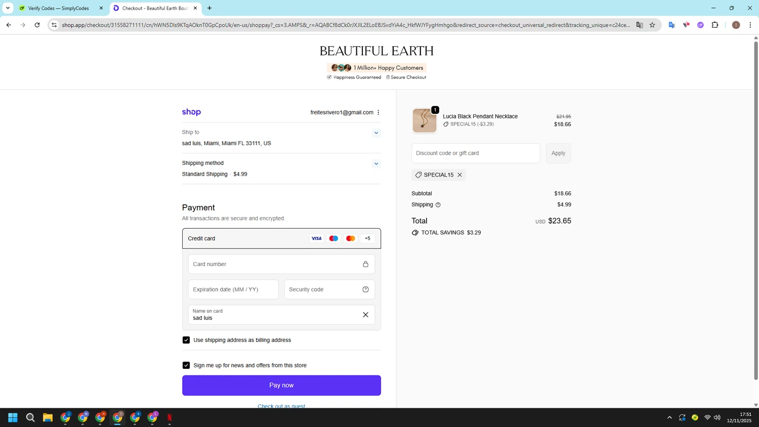 Beautiful Earth Boutique discount code screenshot showing code SPECIAL15 applied at Beautiful Earth Boutique checkout page. Uploaded by SimplyCodes community member CashSleuth106 on Nov 12, 2025