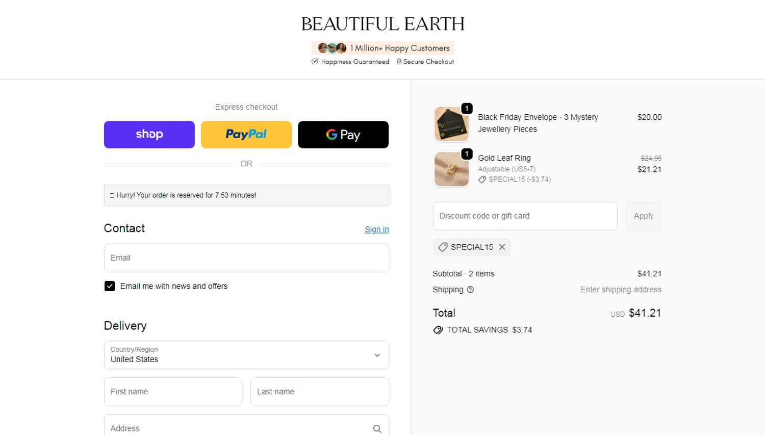 Beautiful Earth Boutique discount code screenshot showing code SPECIAL15 applied at Beautiful Earth Boutique checkout page. Uploaded by SimplyCodes community member oliveririarte on Nov 12, 2025