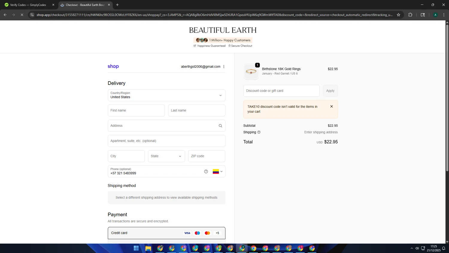 Beautiful Earth Boutique discount code screenshot showing code TAKE10 applied at Beautiful Earth Boutique checkout page. Uploaded by SimplyCodes community member HAOJIN on Dec 21, 2025