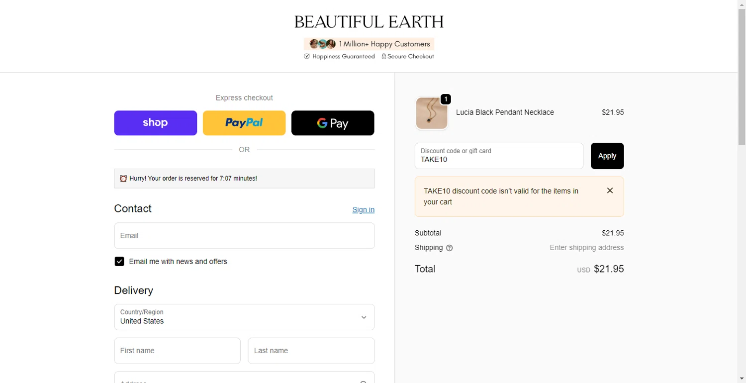 Beautiful Earth Boutique discount code screenshot showing code TAKE10 applied at Beautiful Earth Boutique checkout page. Uploaded by SimplyCodes community member LlonardoLotes on Oct 26, 2025