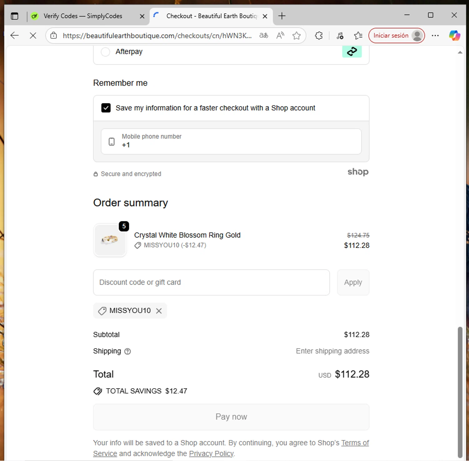 Beautiful Earth Boutique discount code screenshot showing code missyou10 applied at Beautiful Earth Boutique checkout page. Uploaded by SimplyCodes community member SavvyWizard7346 on Sep 24, 2025