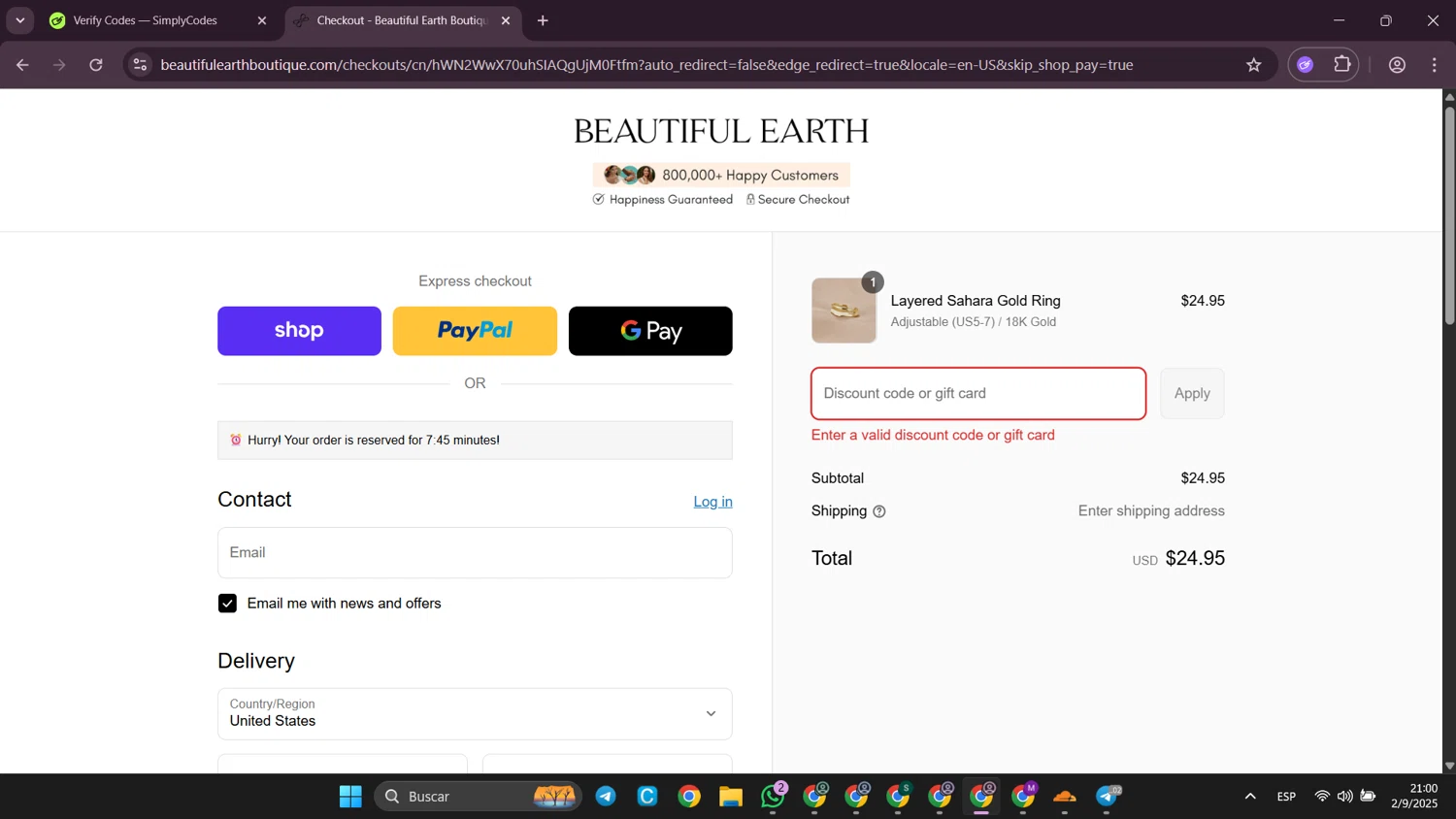 Beautiful Earth Boutique discount code screenshot showing code MISSYOU15 applied at Beautiful Earth Boutique checkout page. Uploaded by SimplyCodes community member SilverWhiz4145 on Sep 3, 2025