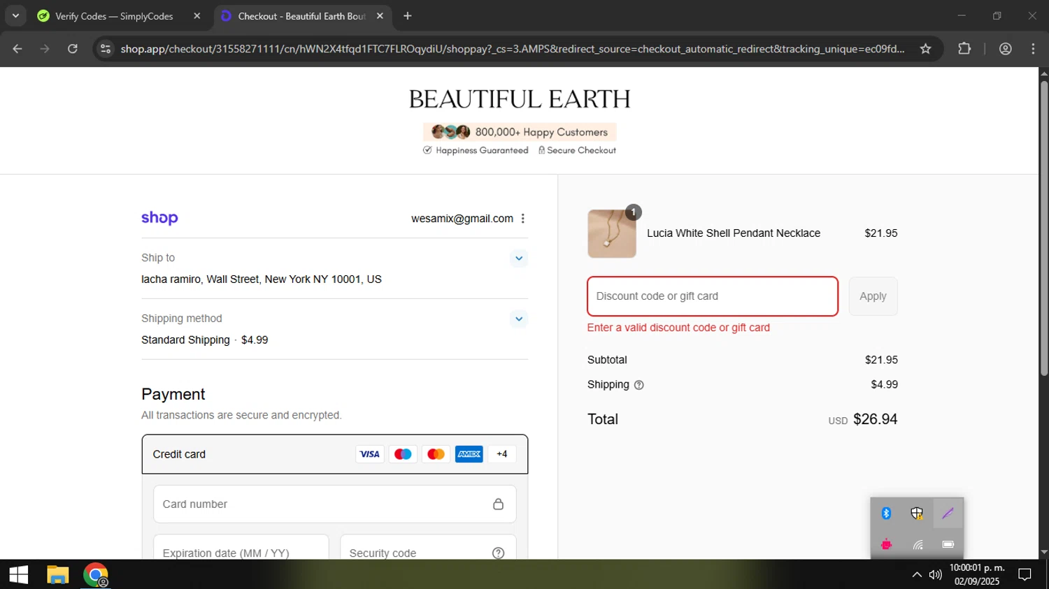 Beautiful Earth Boutique discount code screenshot showing code MISSYOU15 applied at Beautiful Earth Boutique checkout page. Uploaded by SimplyCodes community member coder_916642691 on Sep 3, 2025