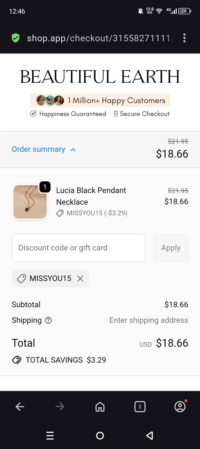Beautiful Earth Boutique discount code screenshot showing code Missyou15 applied at Beautiful Earth Boutique checkout page. Uploaded by SimplyCodes community member Olivatle37 on Jan 5, 2026