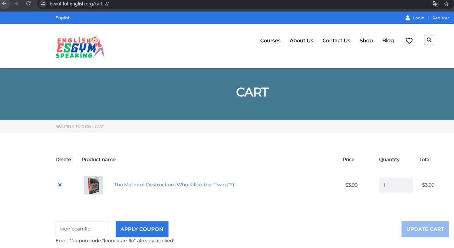 Beautiful English promo code screenshot showing code leoniecarrillo applied at Beautiful English checkout page. Uploaded by SimplyCodes community member DiscountScout8208 on Jun 14, 2026