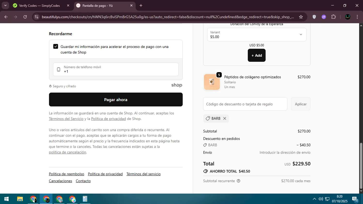 Beautiful Yu promo code screenshot showing code BARB applied at Beautiful Yu checkout page. Uploaded by SimplyCodes community member BargainWizard5755 on Oct 7, 2025