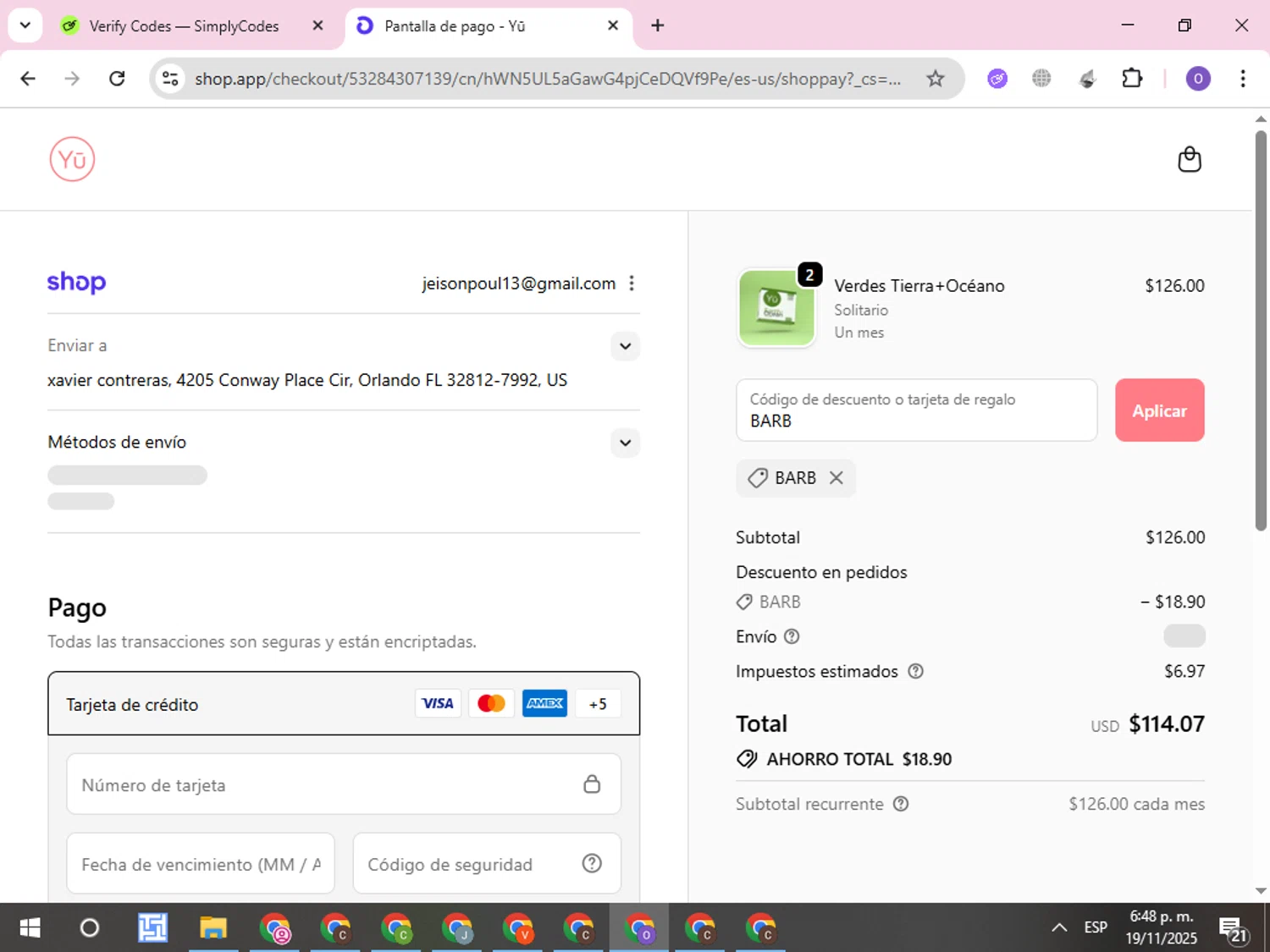 Beautiful Yu promo code screenshot showing code BARB applied at Beautiful Yu checkout page. Uploaded by SimplyCodes community member CleverLynx8245 on Nov 19, 2025