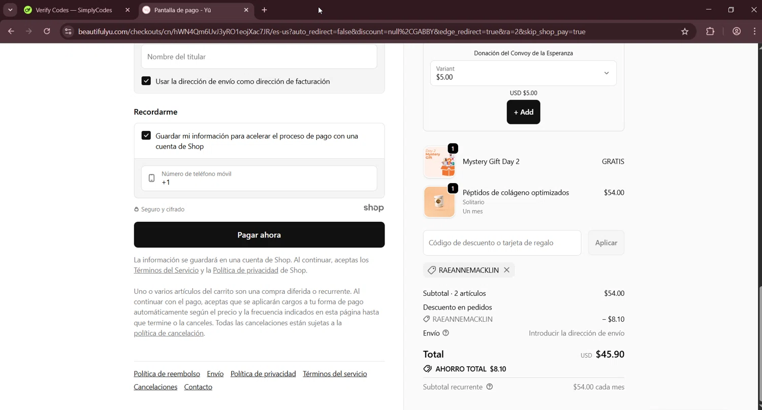Beautiful Yu promo code screenshot showing code RAEANNEMACKLIN applied at Beautiful Yu checkout page. Uploaded by SimplyCodes community member LuckyNavigator1490 on Oct 23, 2025