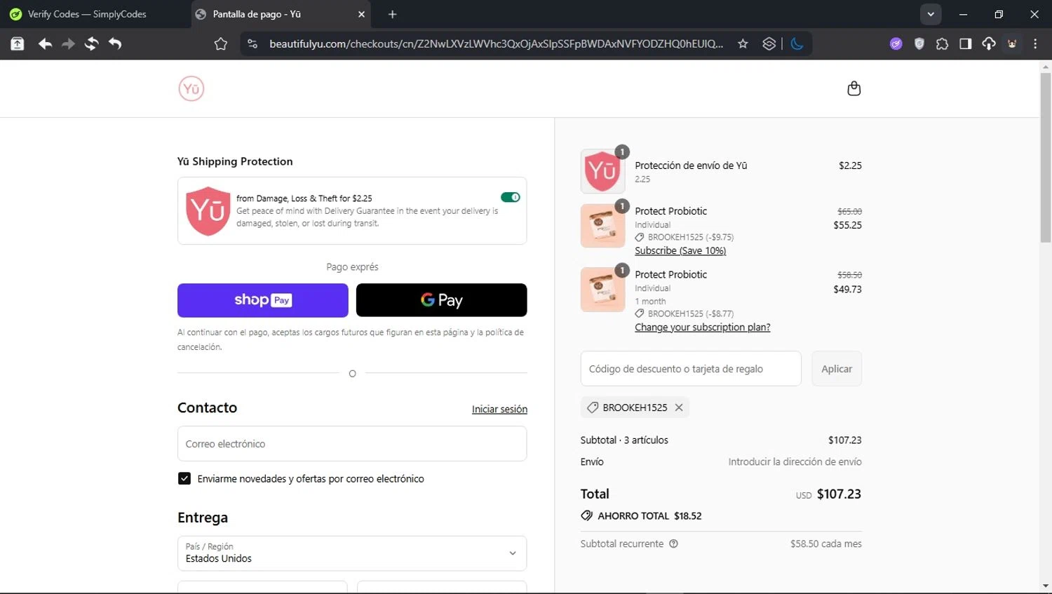 Beautiful Yu promo code screenshot showing code BROOKEH1525 applied at Beautiful Yu checkout page. Uploaded by SimplyCodes community member BudgetCollector3125 on Jul 9, 2025