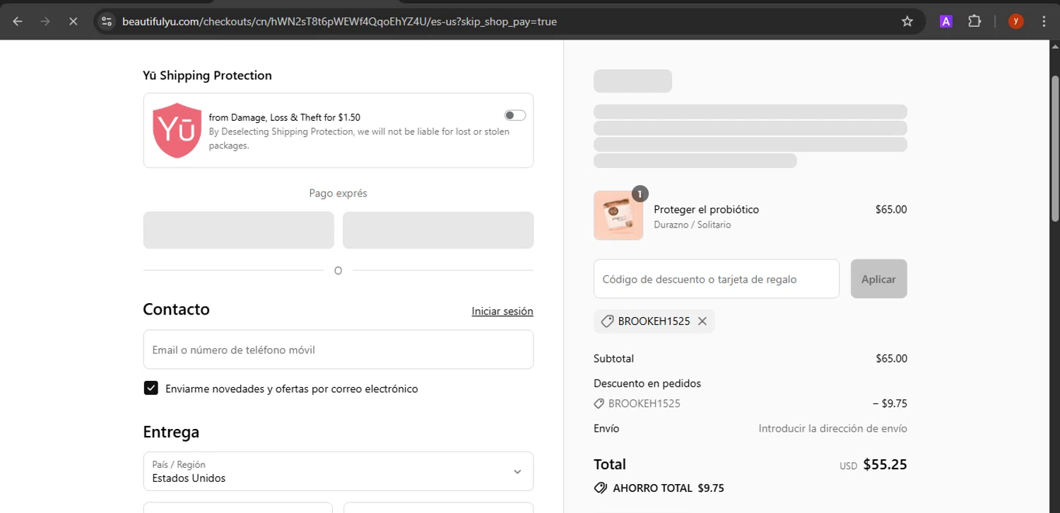 Beautiful Yu promo code screenshot showing code BROOKEH1525 applied at Beautiful Yu checkout page. Uploaded by SimplyCodes community member CrownTiger7501 on Sep 12, 2025