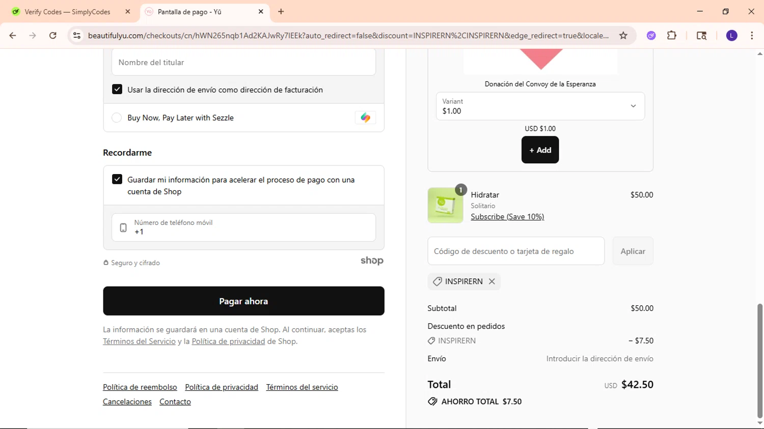 Beautiful Yu promo code screenshot showing code INSPIRERN applied at Beautiful Yu checkout page. Uploaded by SimplyCodes community member EpicWarden3081 on Aug 22, 2025