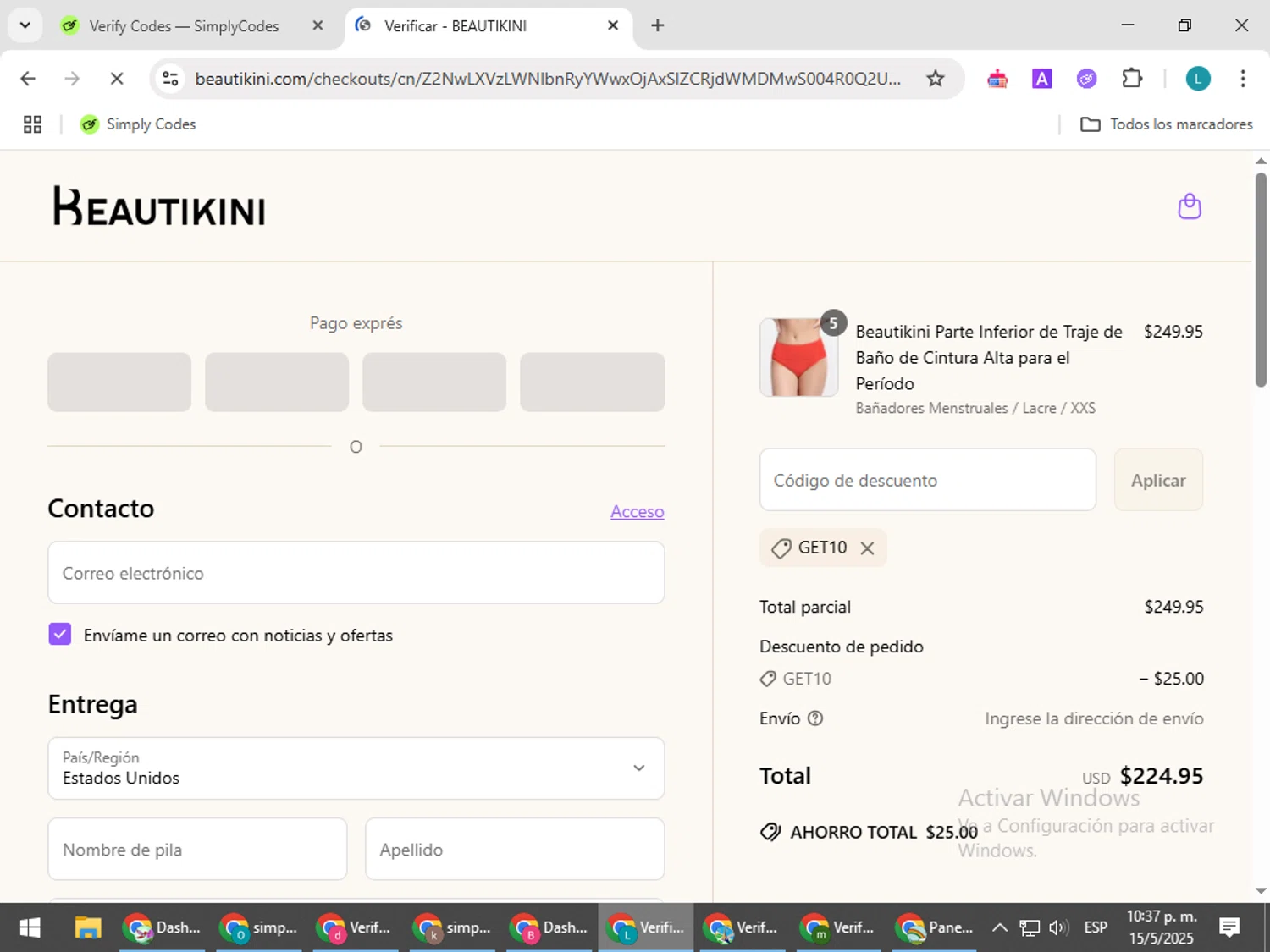 Beautikini coupon code screenshot showing code GET10 applied at Beautikini checkout page. Uploaded by SimplyCodes community member LuckyLegend792 on May 16, 2025