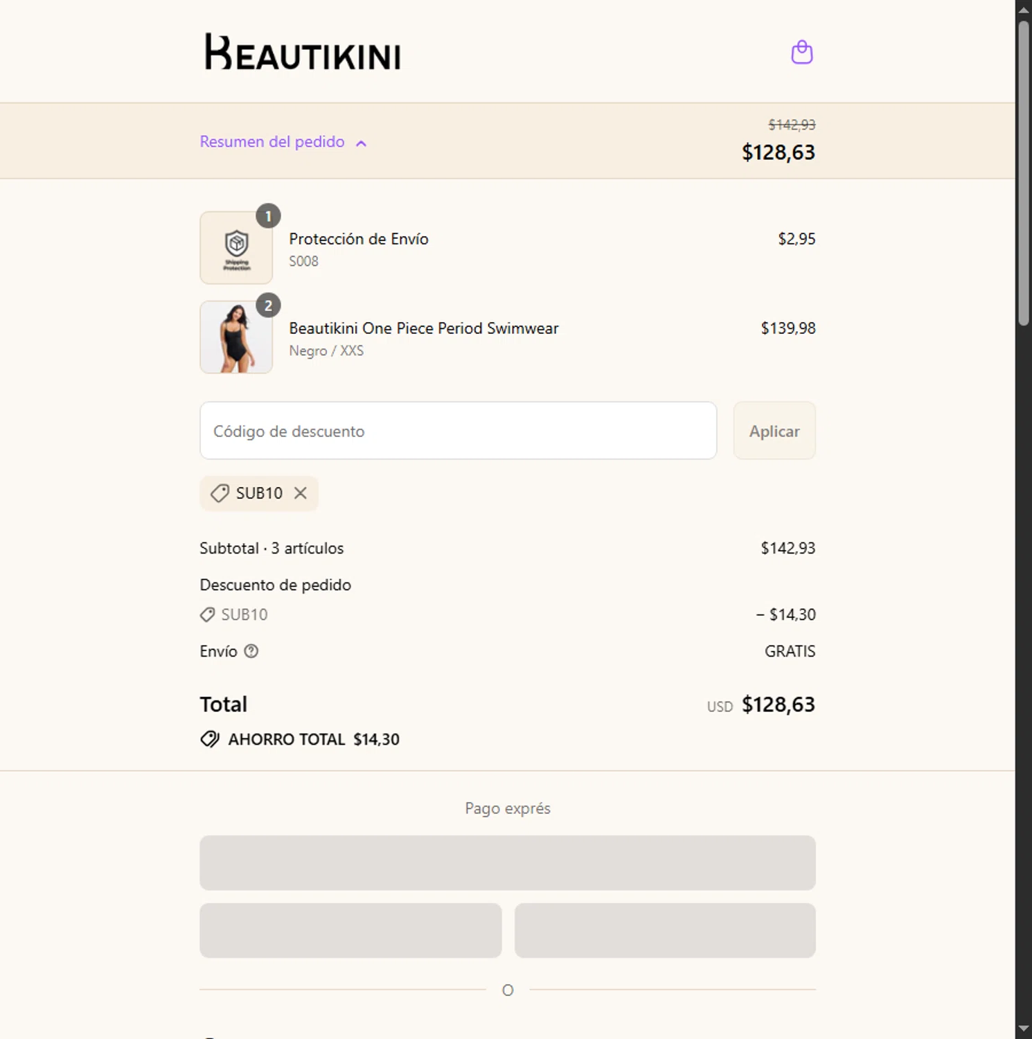Beautikini coupon code screenshot showing code SUB10 applied at Beautikini checkout page. Uploaded by SimplyCodes community member BeaMartinez on Jul 14, 2025