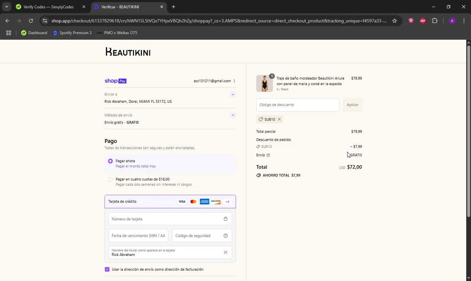 Beautikini coupon code screenshot showing code SUB10 applied at Beautikini checkout page. Uploaded by SimplyCodes community member DeathBone on Aug 5, 2025