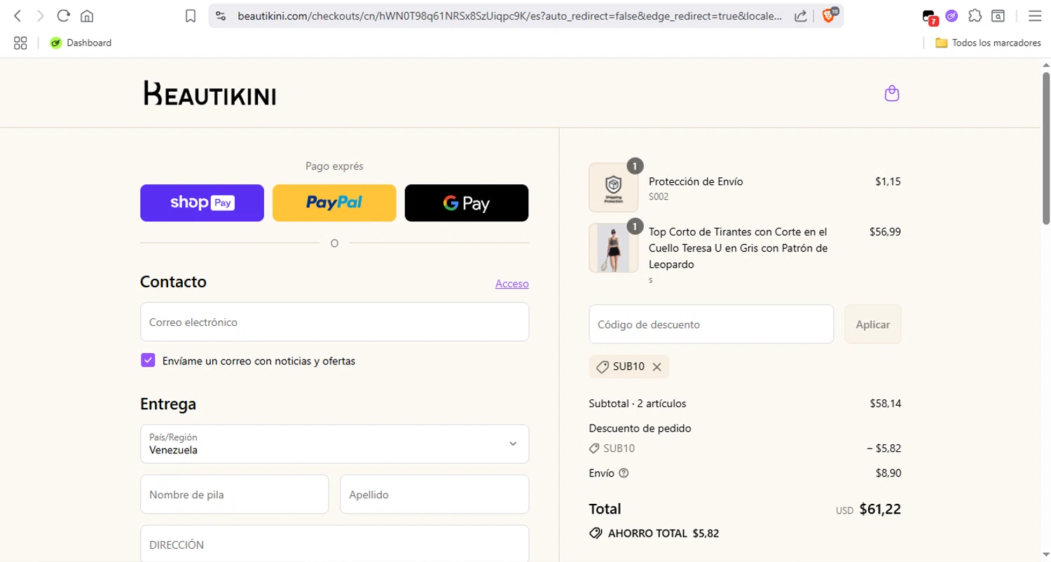 Beautikini coupon code screenshot showing code SUB10 applied at Beautikini checkout page. Uploaded by SimplyCodes community member LegendaryTitan9160 on Jul 10, 2025