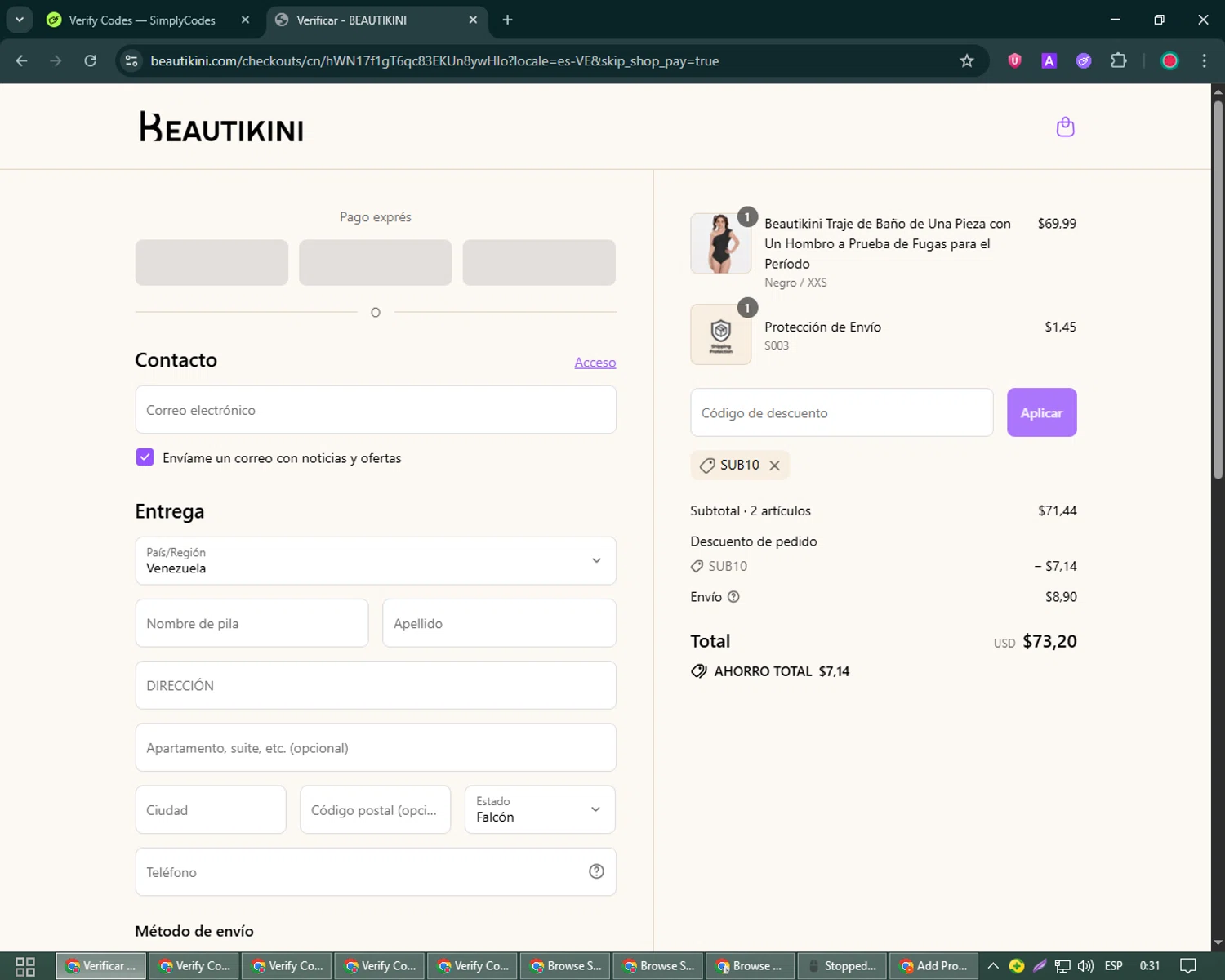 Beautikini coupon code screenshot showing code SUB10 applied at Beautikini checkout page. Uploaded by SimplyCodes community member William_Jones on Jul 27, 2025