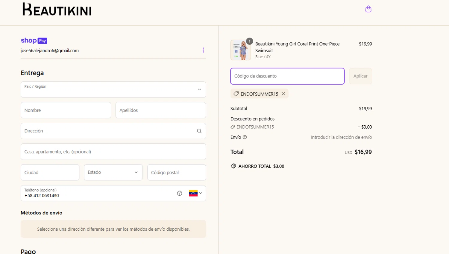 Beautikini coupon code screenshot showing code ENDOFSUMMER15 applied at Beautikini checkout page. Uploaded by SimplyCodes community member Kmacho on Mar 29, 2025