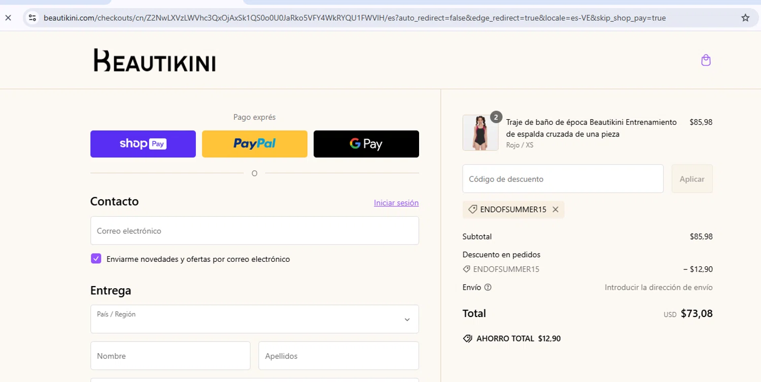 Beautikini coupon code screenshot showing code ENDOFSUMMER15 applied at Beautikini checkout page. Uploaded by SimplyCodes community member BonusShopper7805 on Feb 22, 2025