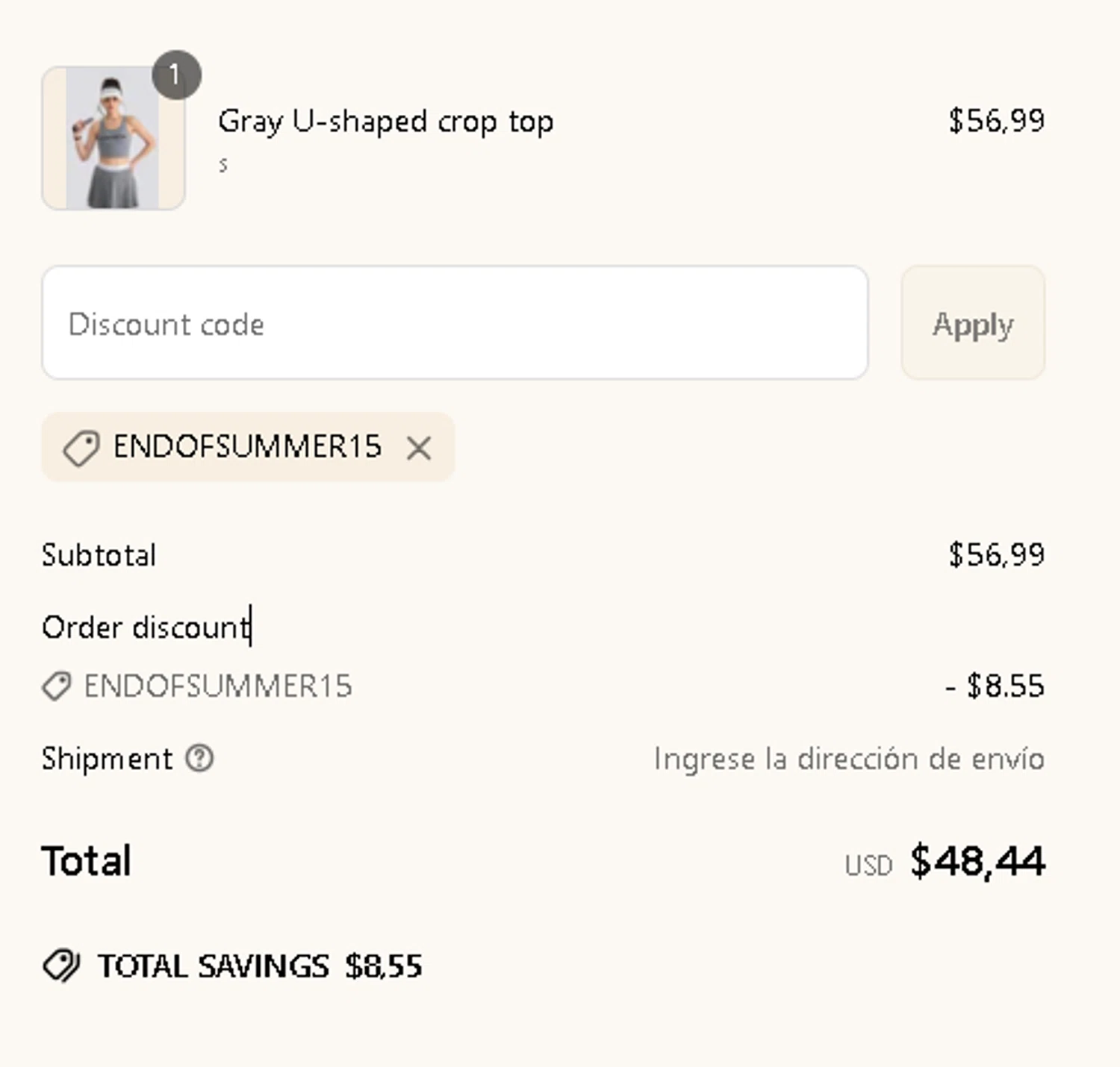Beautikini coupon code screenshot showing code ENDOFSUMMER15 applied at Beautikini checkout page. Uploaded by SimplyCodes community member SavvySaver8651 on May 16, 2025