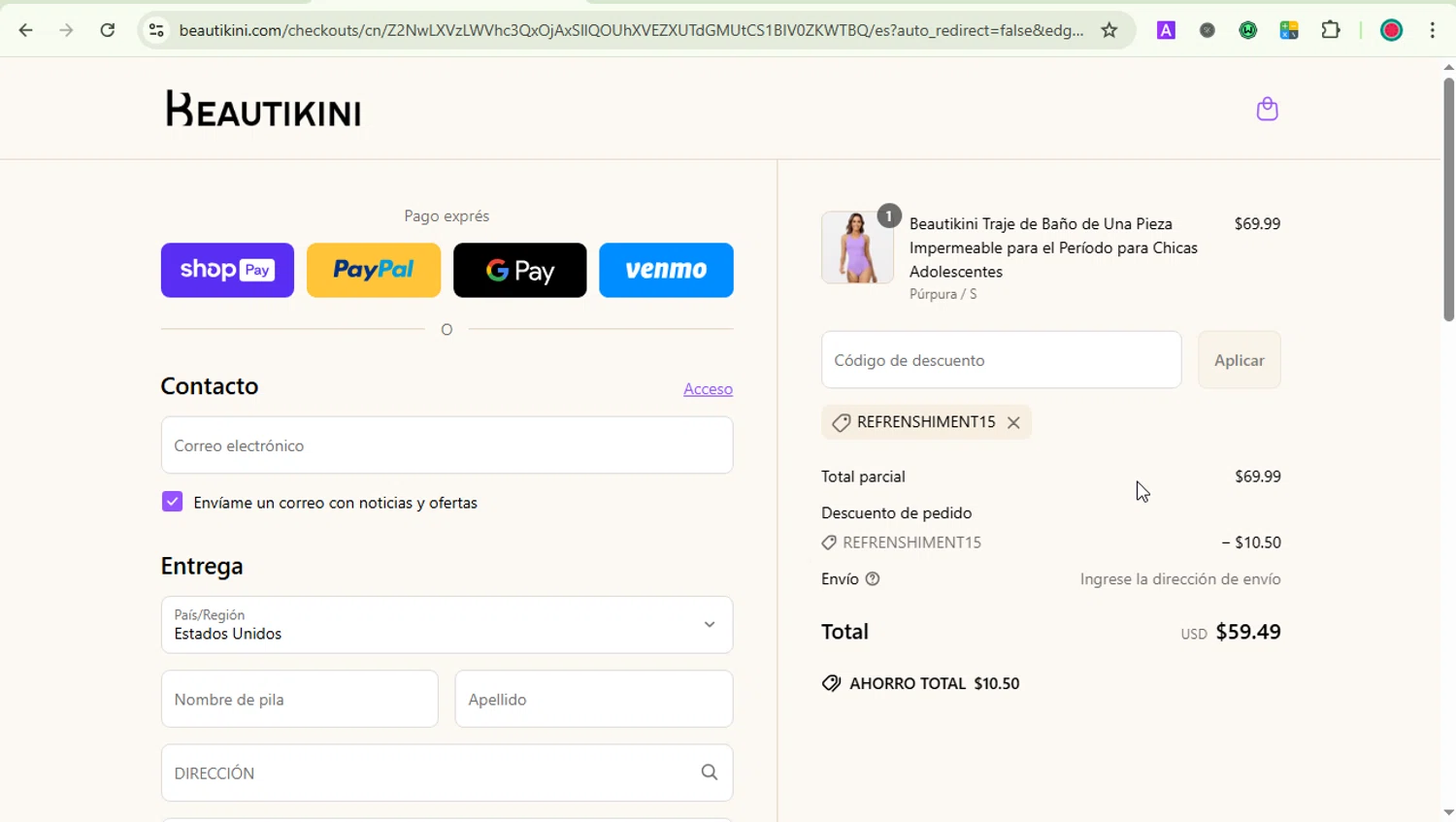 Beautikini coupon code screenshot showing code REFRENSHIMENT15 applied at Beautikini checkout page. Uploaded by SimplyCodes community member GoldAce5838 on Jun 26, 2025