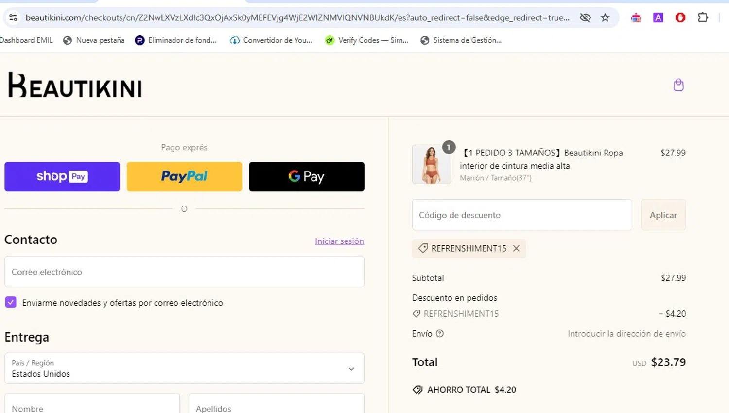 Beautikini coupon code screenshot showing code REFRENSHIMENT15 applied at Beautikini checkout page. Uploaded by SimplyCodes community member EJL_MIQUILENA on Feb 14, 2025