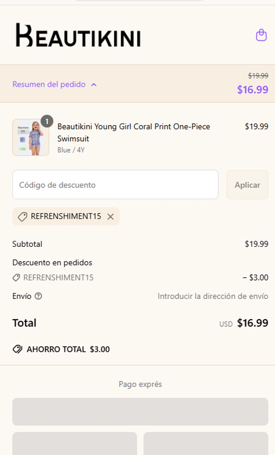 Beautikini coupon code screenshot showing code REFRENSHIMENT15 applied at Beautikini checkout page. Uploaded by SimplyCodes community member DiscountPhoenix355 on Mar 29, 2025