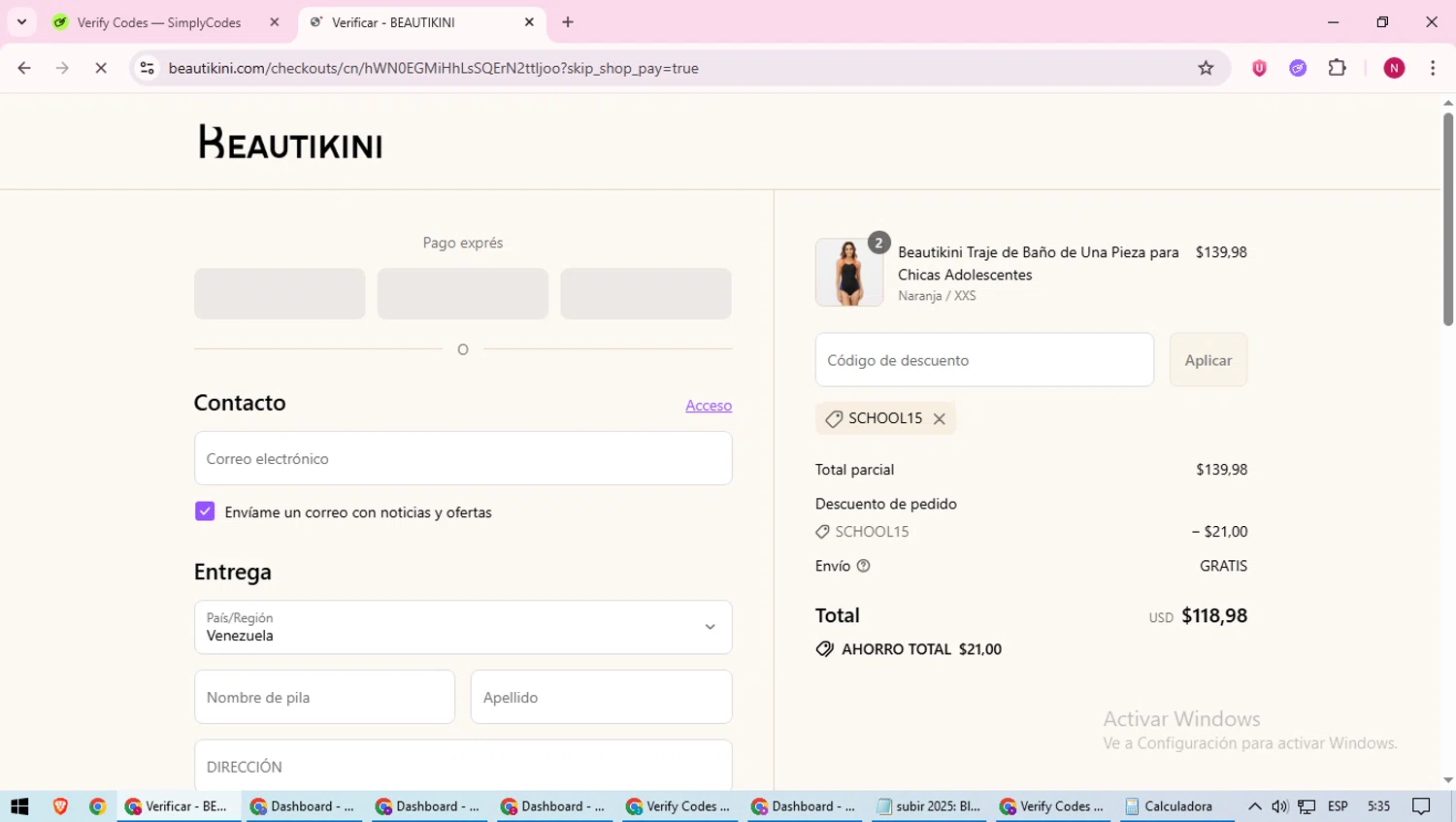 Beautikini coupon code screenshot showing code SCHOOL15 applied at Beautikini checkout page. Uploaded by SimplyCodes community member CoinWizard8578 on Jul 4, 2025