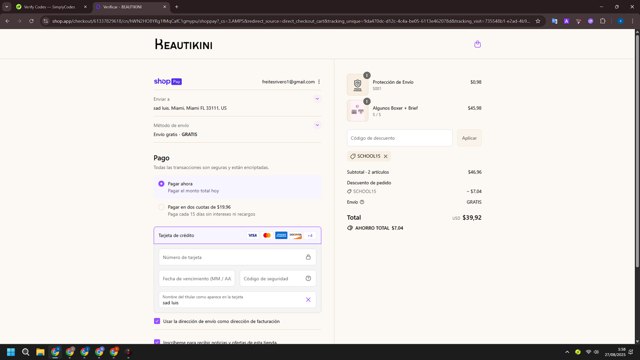 Beautikini checkout page showing Beautikini coupon code box | Screenshot taken by SimplyCodes community member on Aug 27, 2025