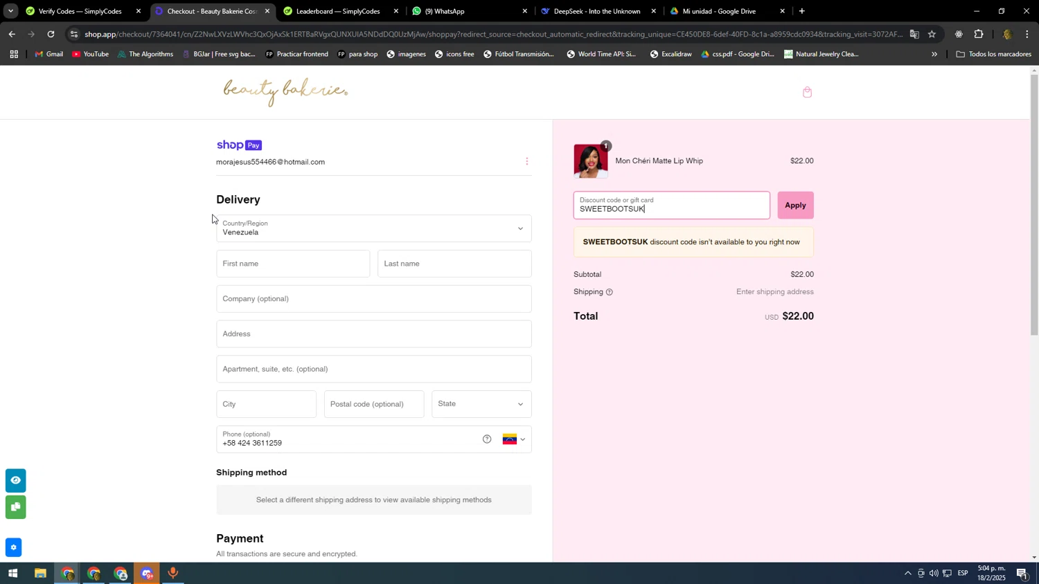 BeautyBakerie promo code screenshot showing code SWEETBOOTSUK applied at BeautyBakerie checkout page. Uploaded by SimplyCodes community member SOOOOOOOOOOOOOOOOOOOOOOO on Feb 18, 2025