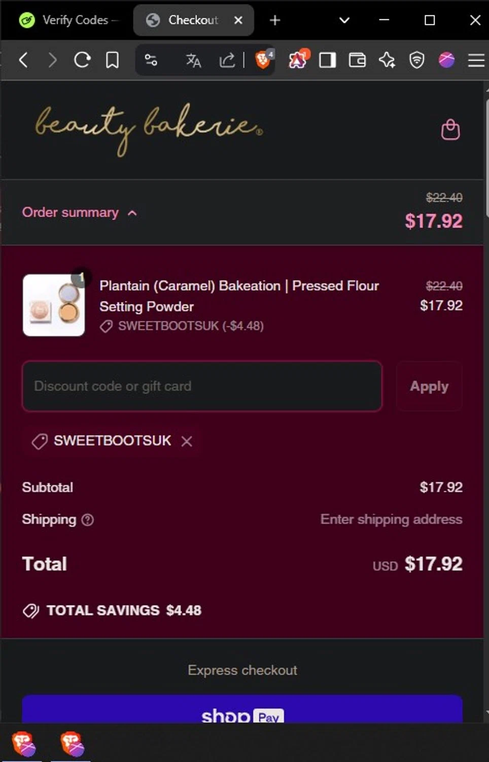 BeautyBakerie promo code screenshot showing code SWEETBOOTSUK applied at BeautyBakerie checkout page. Uploaded by SimplyCodes community member Yoseff2 on Apr 18, 2025