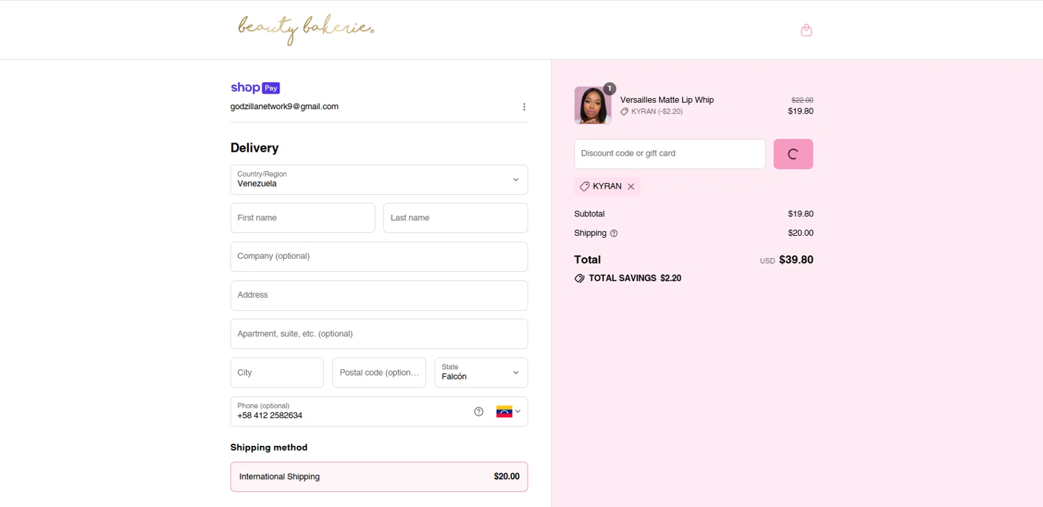 BeautyBakerie promo code screenshot showing code KYRAN applied at BeautyBakerie checkout page. Uploaded by SimplyCodes community member dimitriv on Jul 16, 2025