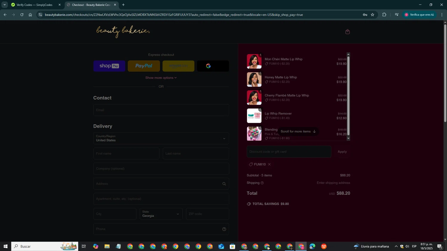 BeautyBakerie promo code screenshot showing code FUMI10 applied at BeautyBakerie checkout page. Uploaded by SimplyCodes community member DealLynx3109 on May 19, 2025