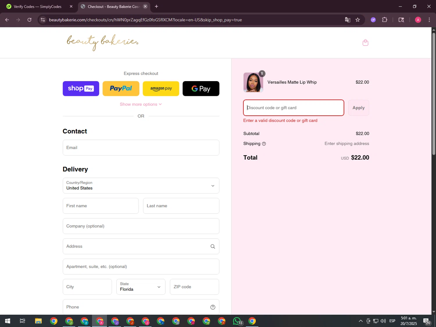 BeautyBakerie promo code screenshot showing code RMN10 applied at BeautyBakerie checkout page. Uploaded by SimplyCodes community member CrownHawk3462 on Jul 20, 2025